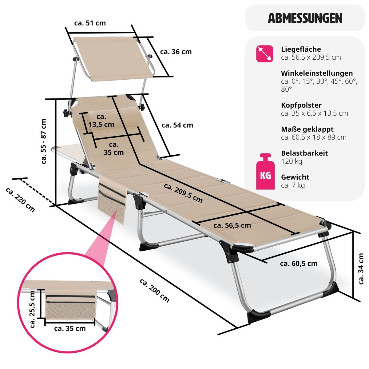 tectake Lorella gestoffeerde zonnebank, opvouwbaar 220 x 60,5 x 34 cm, met zijvak