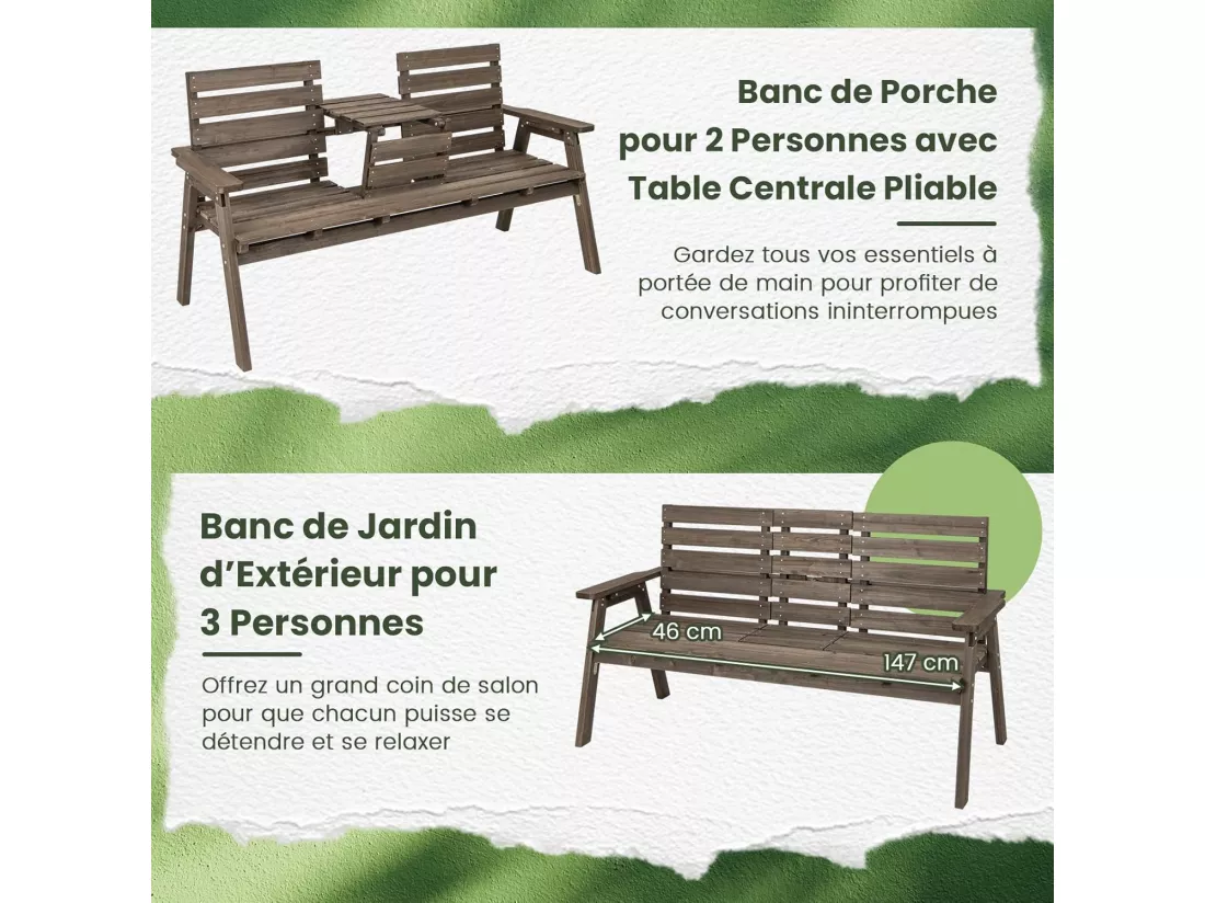 Banc de Jardin en Bois Massif, Banc d'Extérieur à 2 Places avec Table Centrale Pliable, Siège à Lattes pour Parc, Porche, Cour, Charge 320 KG, 160 x 64 x 86 CM (L x l x H), Brun