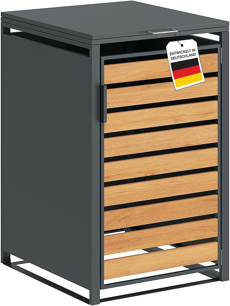 STEELSØN Kestra Mülltonnenbox 1er bis 120L – Mülltonnenverkleidung aus Stahl mit Sichtstreifen in Holzoptik – hochwertiger Müllcontainer für 1 Tonne – Müllbox in Anthrazit – Gerätebox wetterfest
