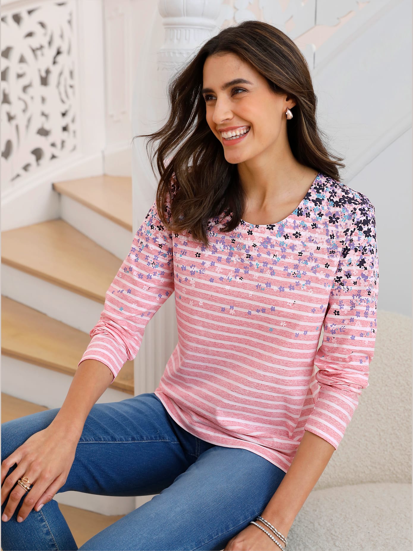 T-shirt rayé imprimé fleurs col rond manches longues