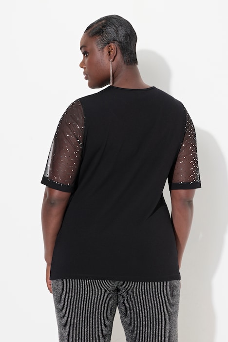 T-Shirt, Classic Fit, Mesh mit Pailletten, Jersey-Unterlage