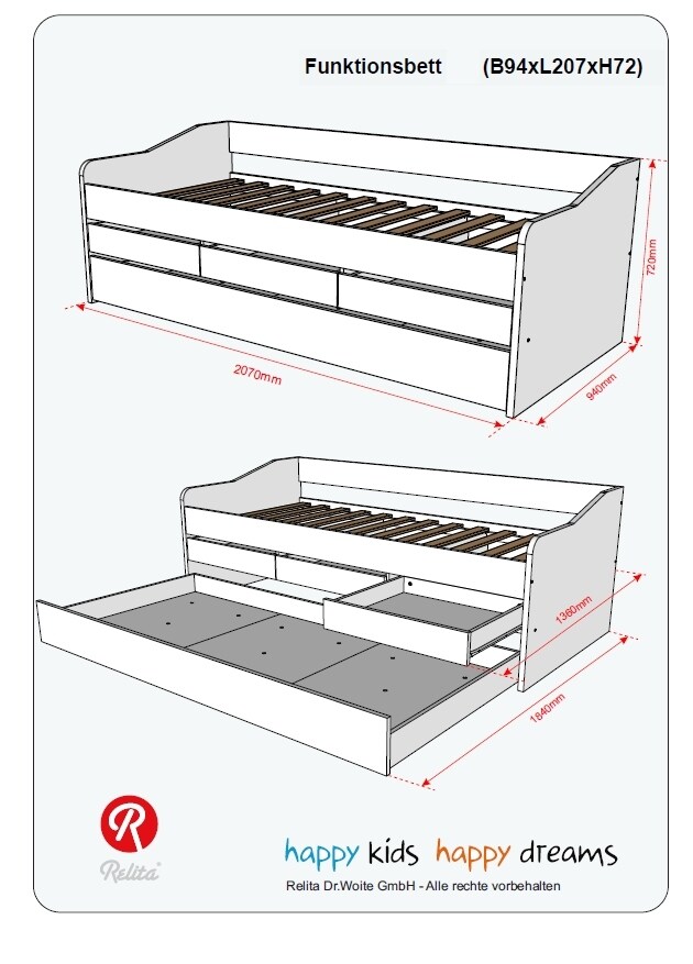 Relita - Funktionsbett Jill 90x200 ohne Lattenrost, 3 Schubladen u. Bettschublade Spanplatte weiß