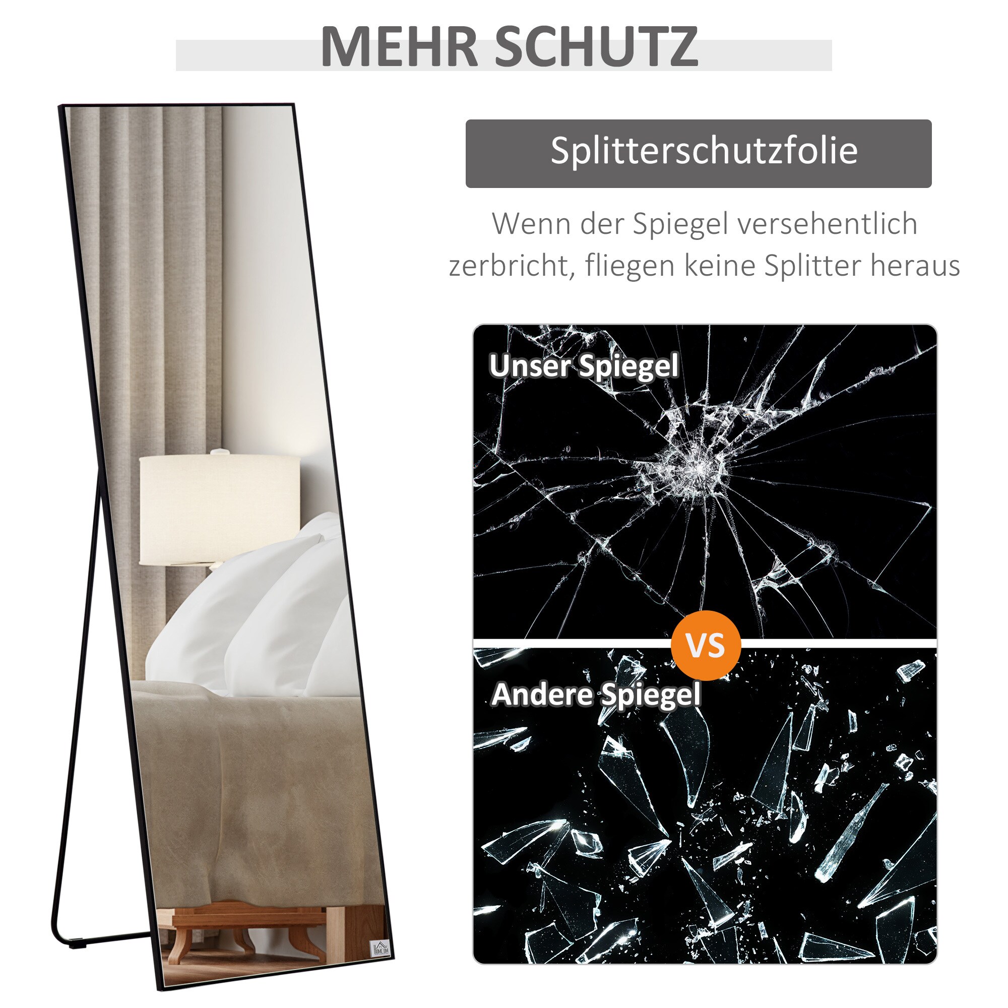HOMCOM Ankleidespiegel mit Metallrahmen schwarz 50L x 37B x 158,5H cm