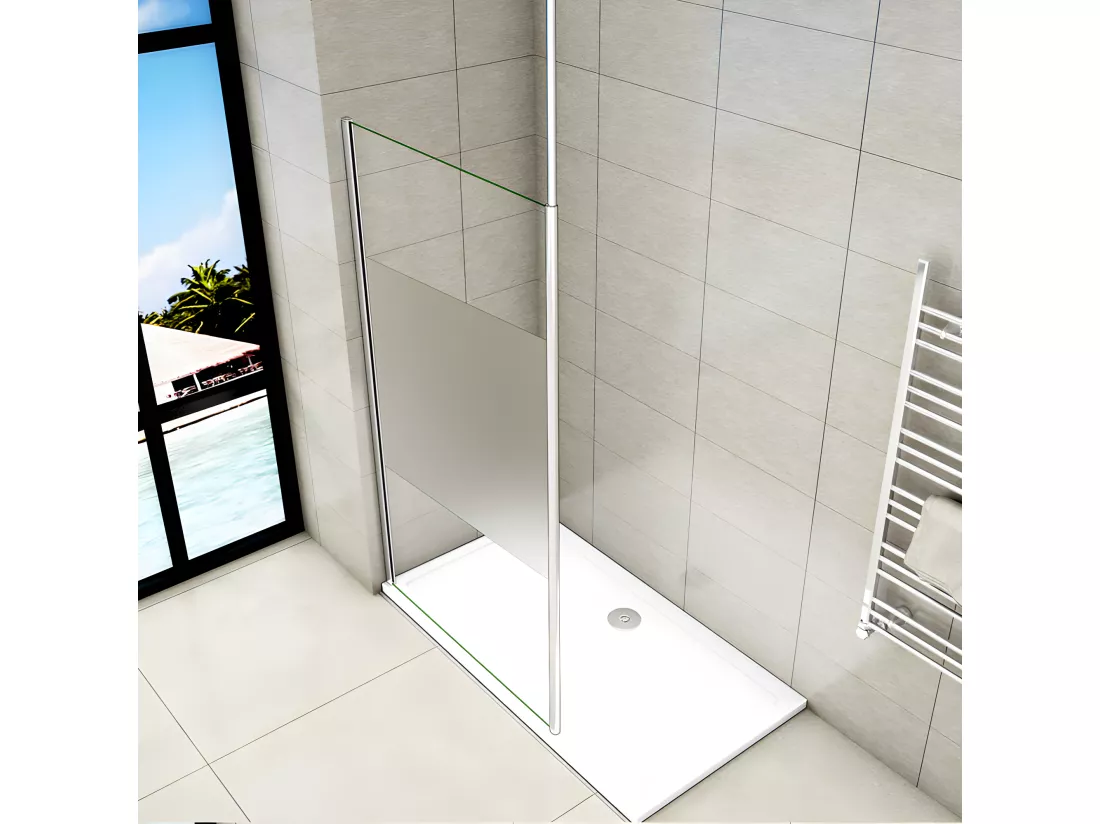 Paroi de douche à l'italienne 120x200cm avec barre de fixation au plafond 203-320cm, en 8mm verre bande centrale dépolie