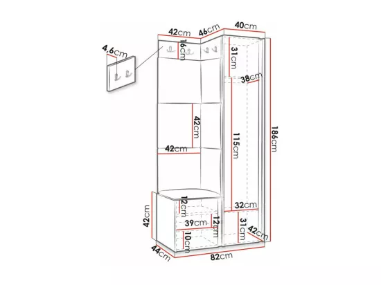 Meuble d'entrée Hartford 391, 186x82x46cm, Miroir, Noir, MDF|Stratifié|Tapisserie