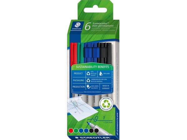 Staedtler Lumocolor Non-Permanent, 6 stykker, Sort, Blå, Grønn, Rød, Rund, Fint, 0,6 mm, Vann-basert blekk