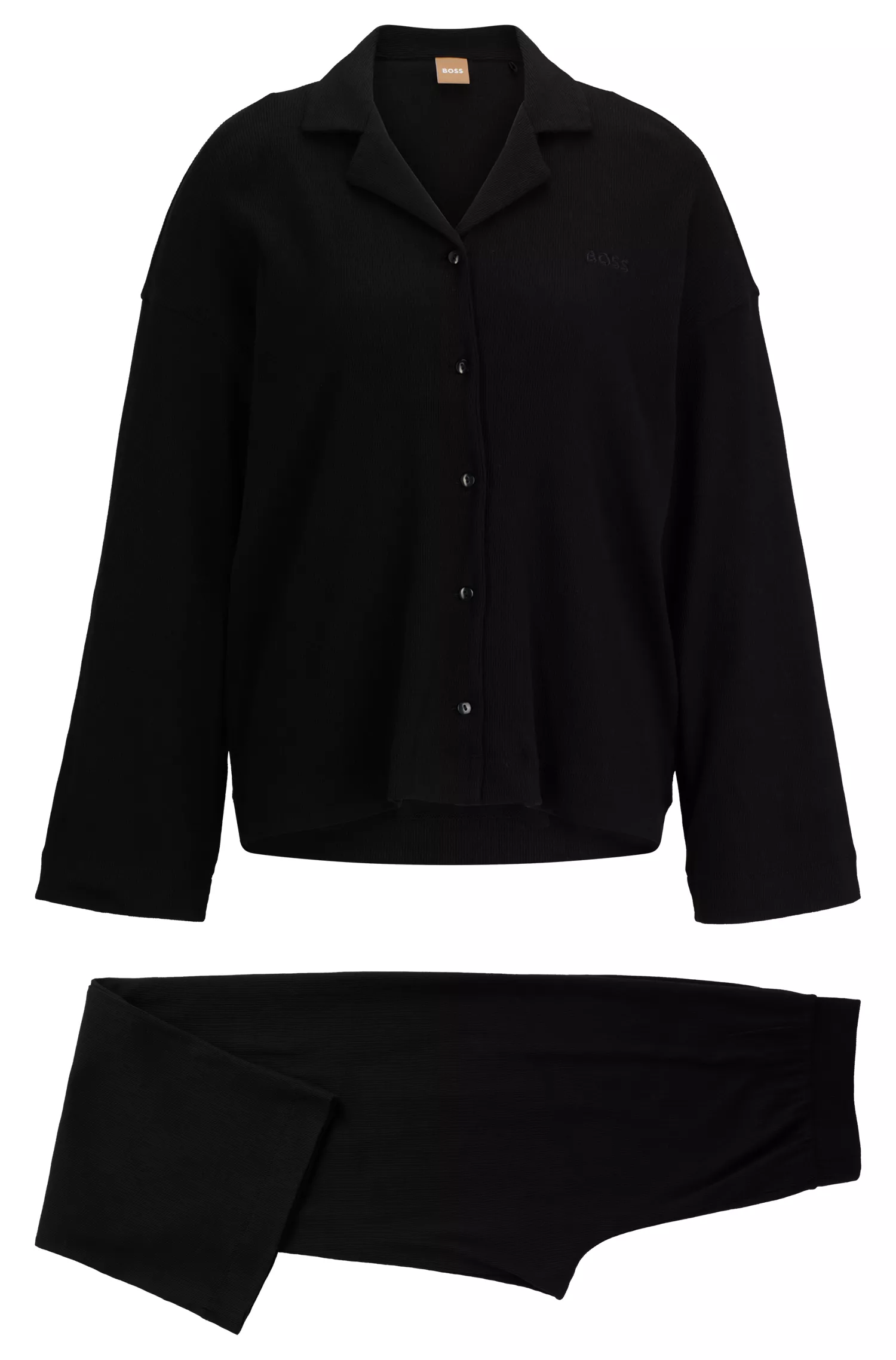 Pijama BOSS preto de algodão canelado com botões e logotipos bordados.