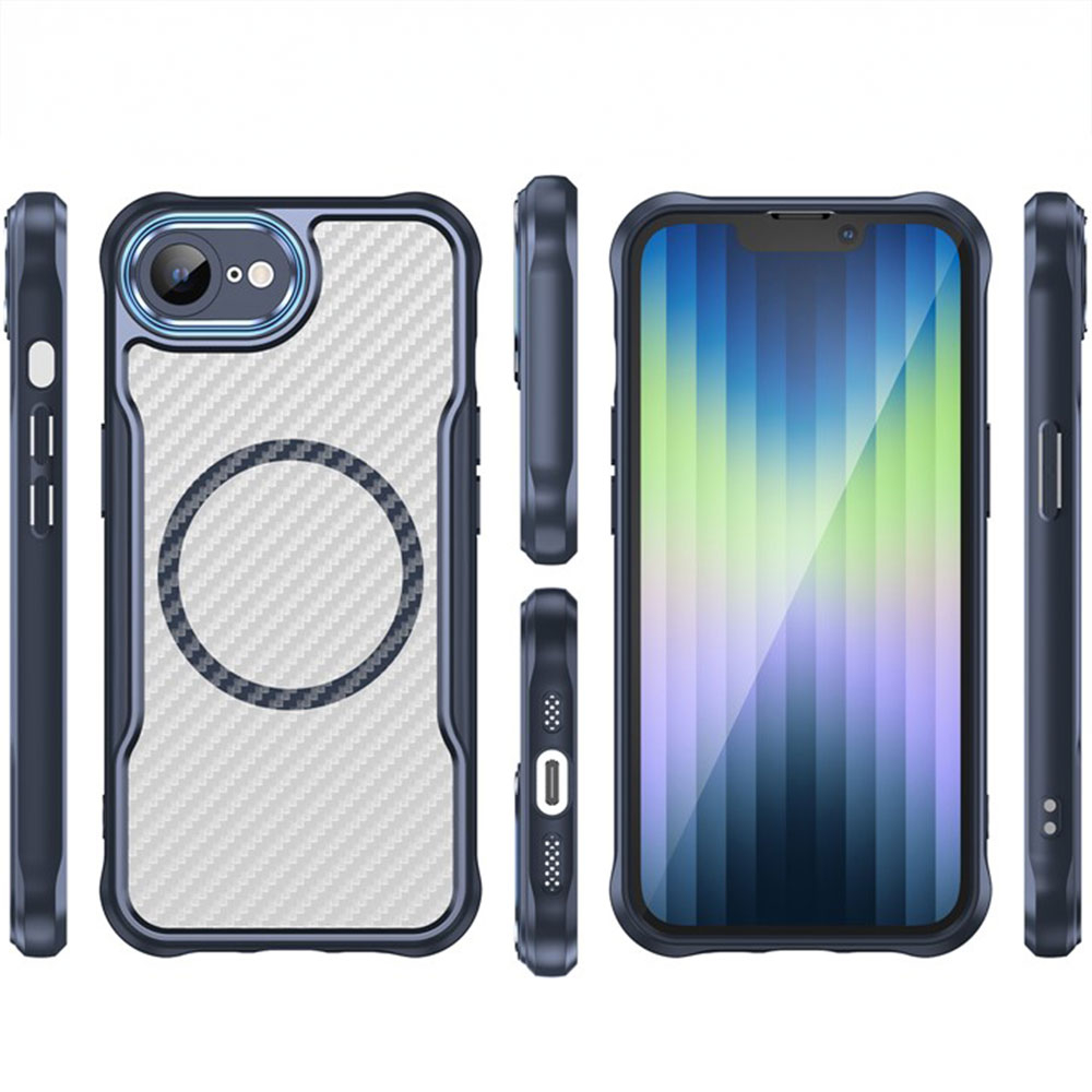 iPhone 16e MagSafe Gummi Case Schutzhülle Carbon Look Air Cushion Fallschutz mit Kameraschutz - Blau / Transparent