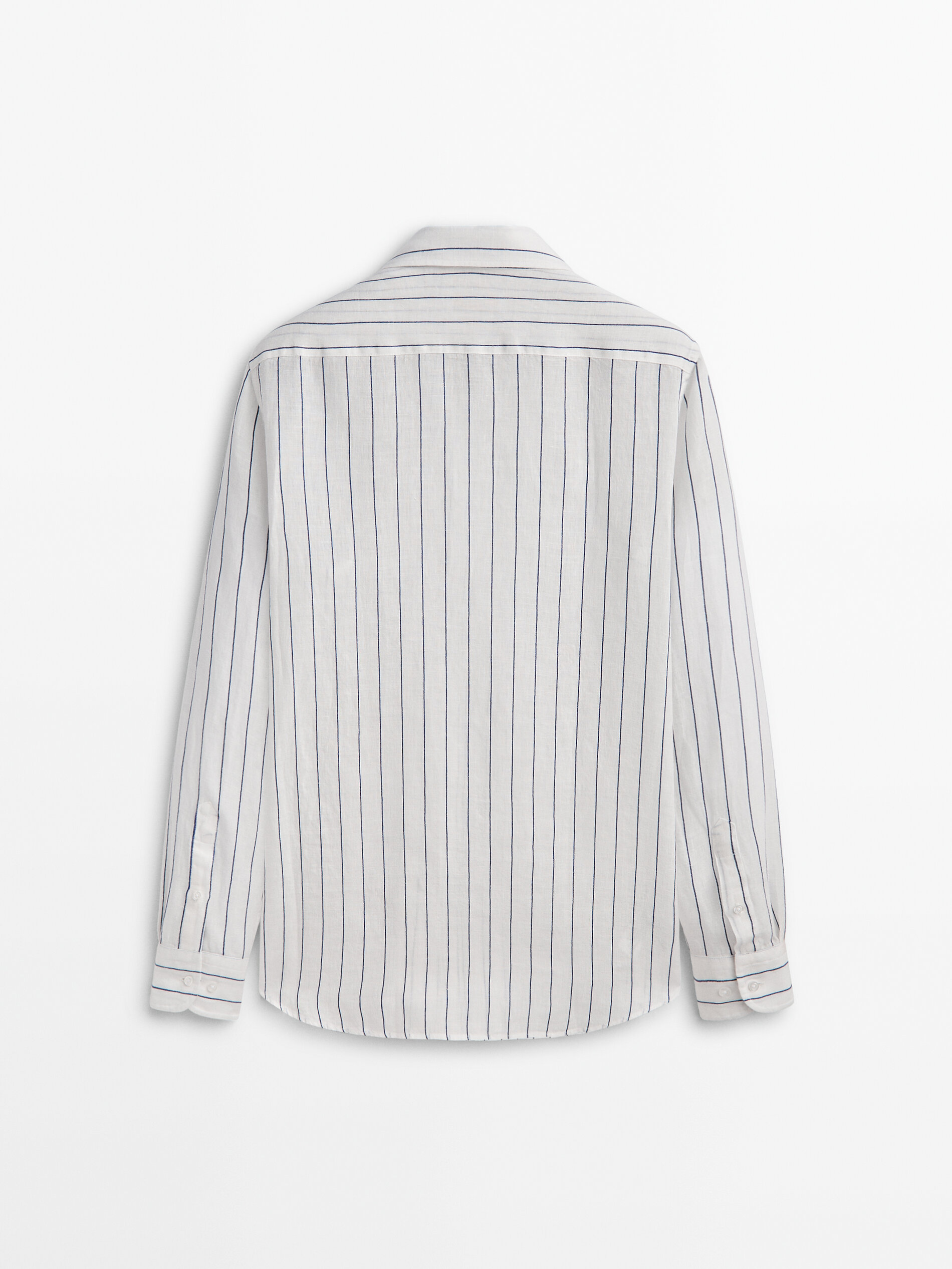 Camisa listrada, em mistura de linho e algodão, modelagem regular - AZUL ESCURO