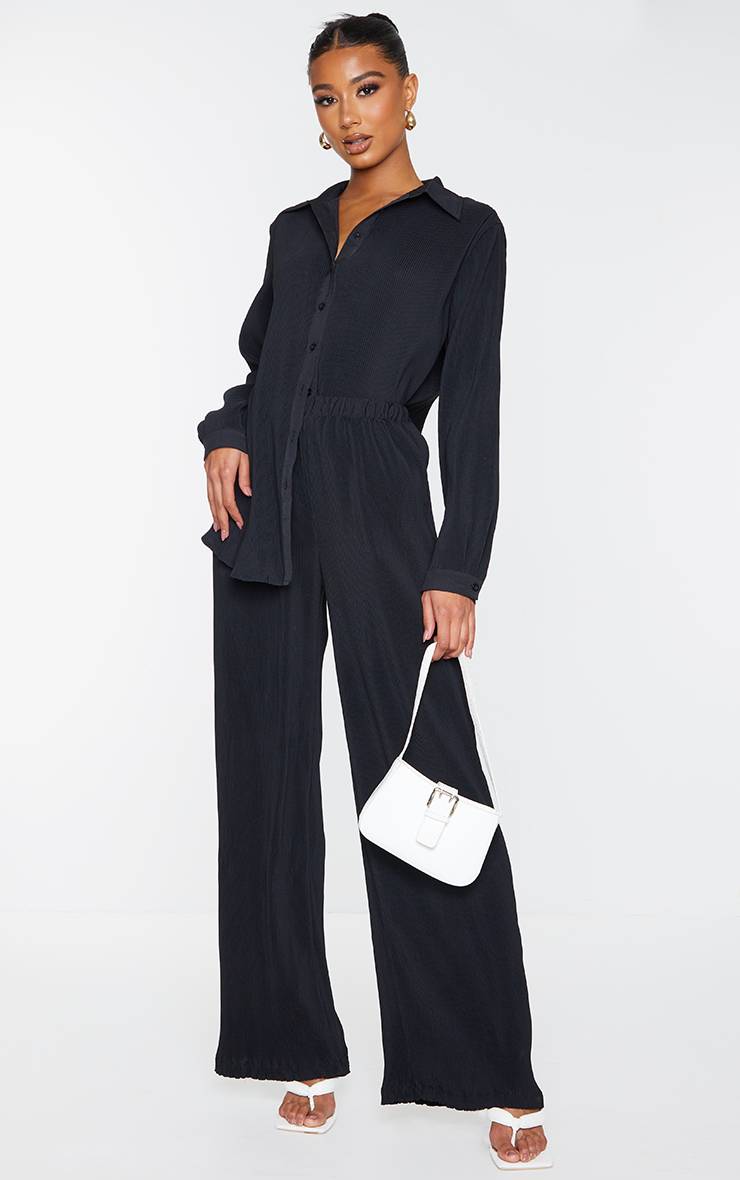 Noir Pantalon Plissé Taille Haute Jambe Large Ensemble Coordonné