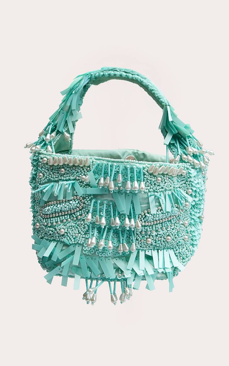 Bleu Aqua Sac Orné De Perles Et Sequins