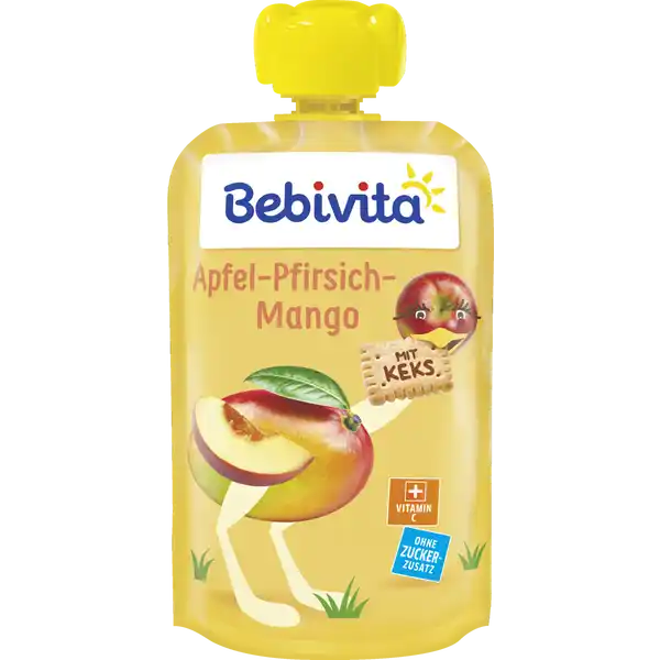 Quetschbeutel Apfel-Pfirsich-Mango mit Keks