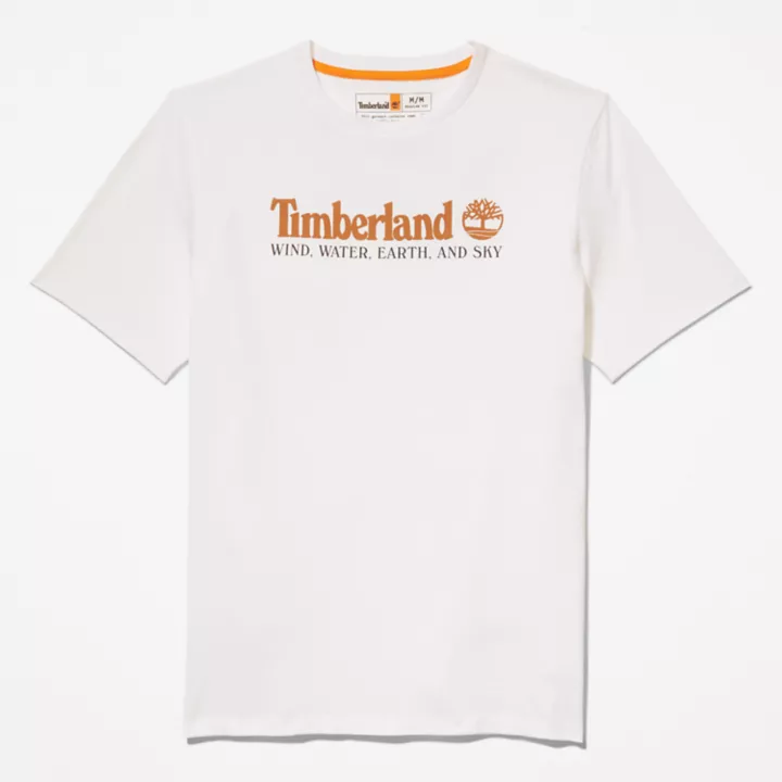 Camiseta masculina branca com estampa de vento, água, terra e céu.
