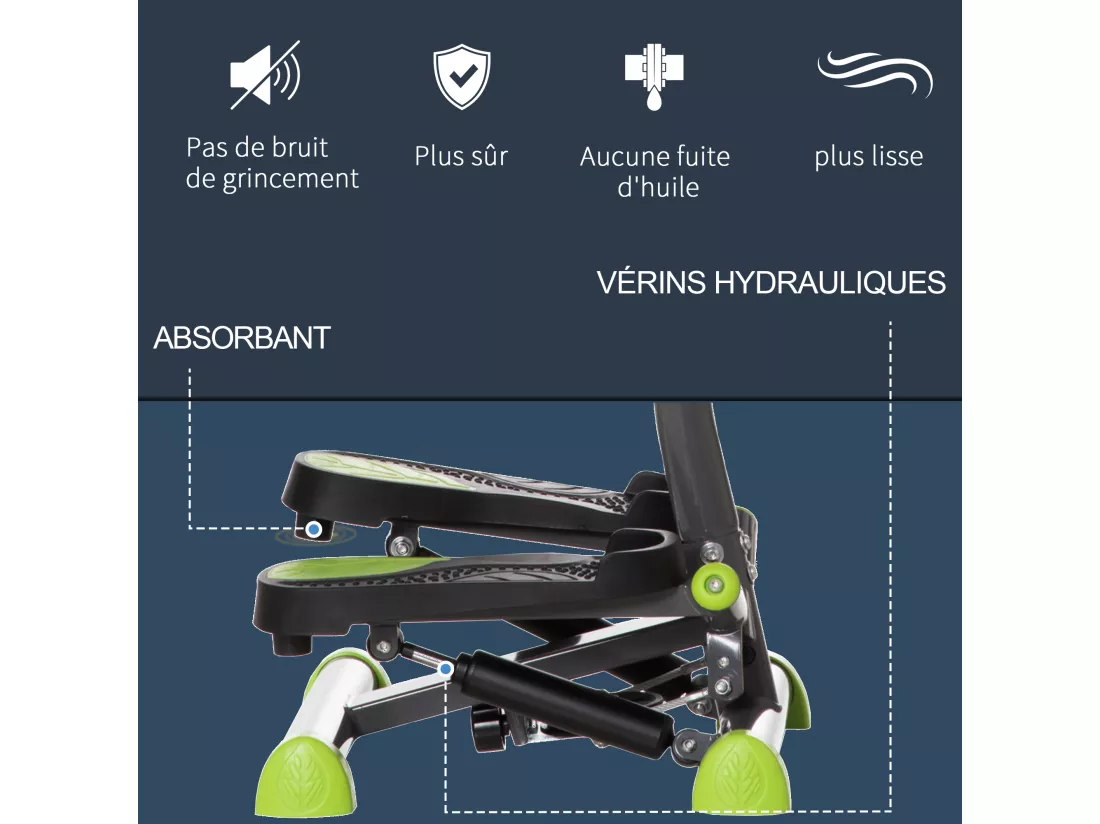 Stepper Fitness avec guidon ergonomique - écran LCD multifonction - résistance réglable - acier gris vert noir