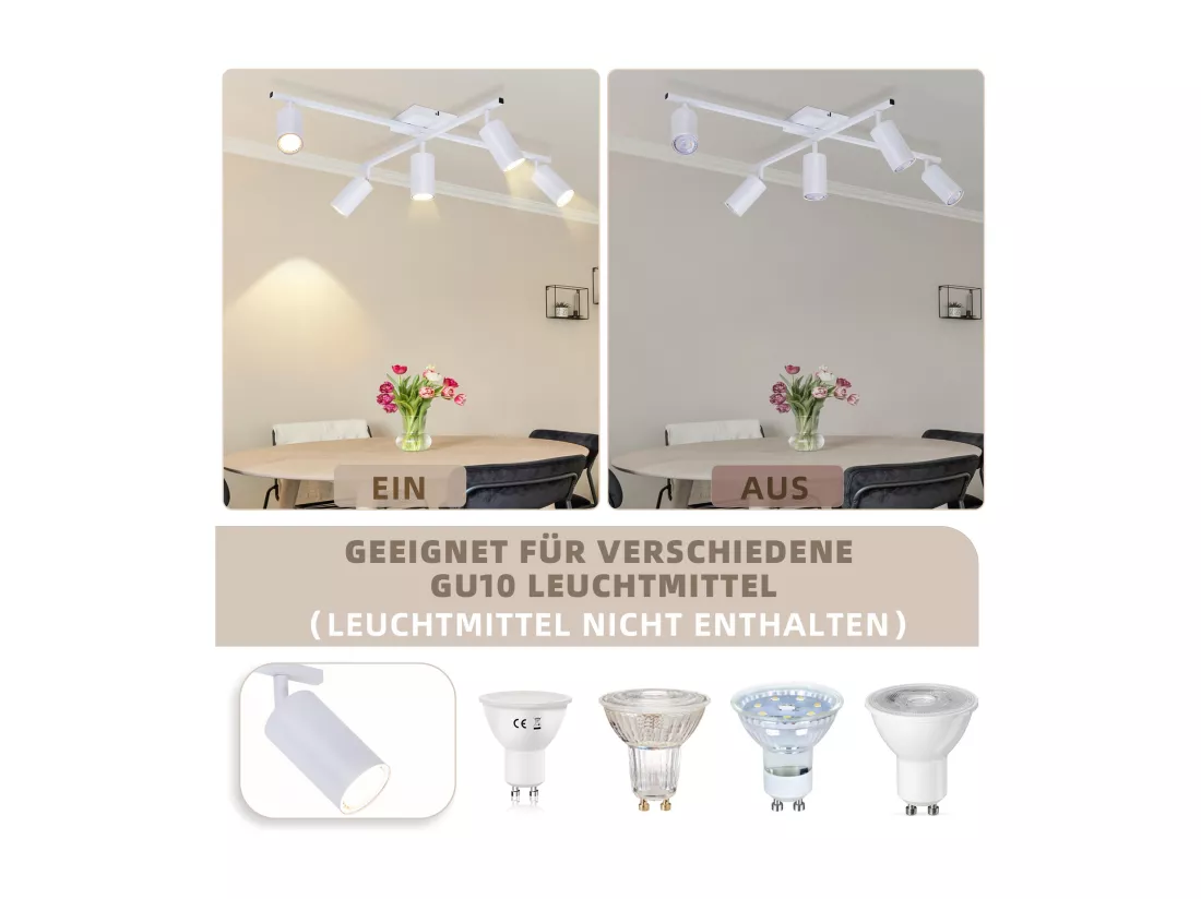 NETTLIFE Plafonnier Blanc LED Spot de plafond GU10 5 flammes Moderne Salon 330°Pivotant Industrielle
