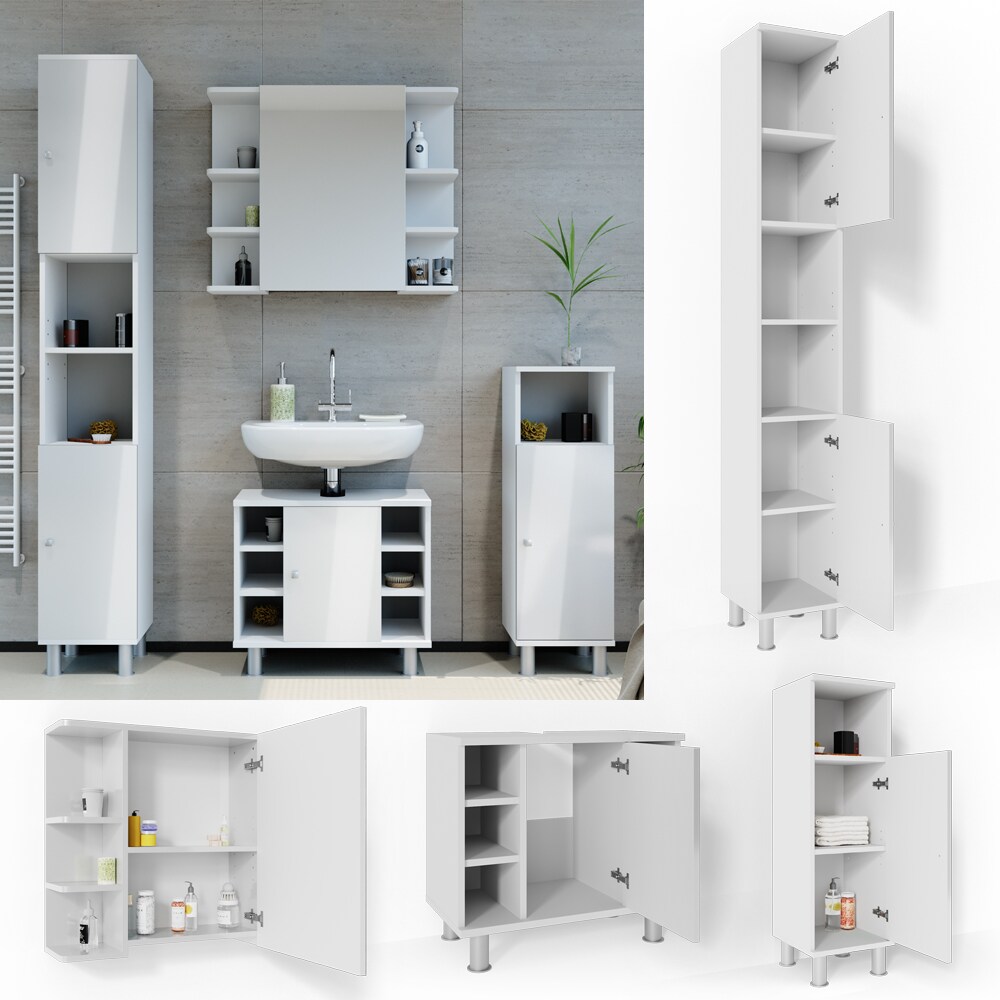 VICCO Badmöbel Set FYNN 4 Teile Weiß Hochglanz - Badspiegel Waschbeckenunterschrank Badschrank