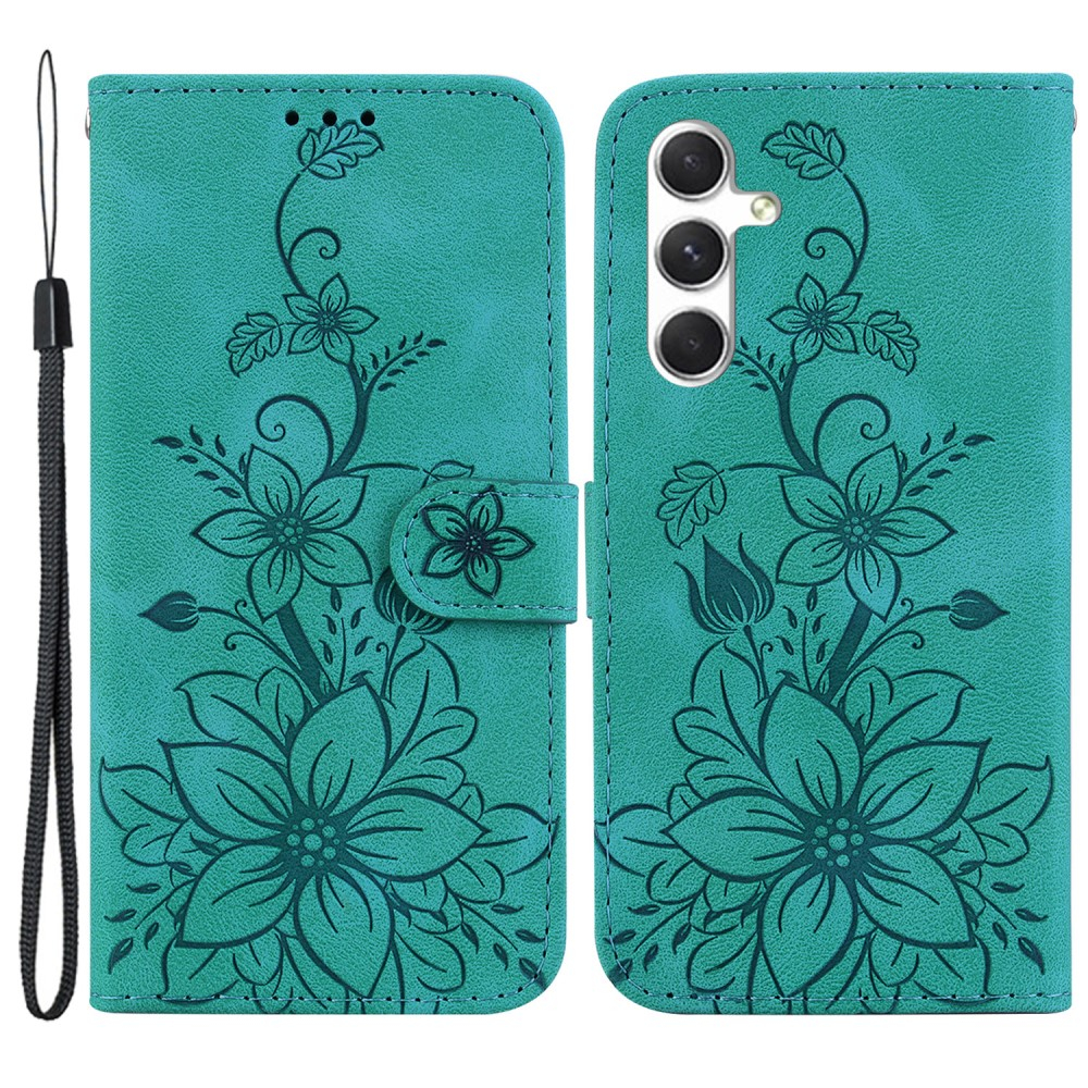 Samsung Galaxy S24 Leder Tasche Wallet - Blumen Imprint - Türkis