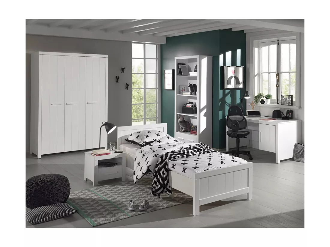 GASTON - Lit 90x200cm + Chevet + Armoire 3P + Pack Bureau