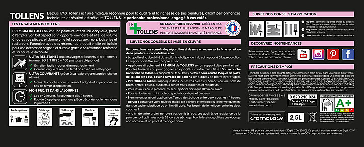 Peinture Tollens premium murs, boiseries et radiateurs galet poli satin 2,5L