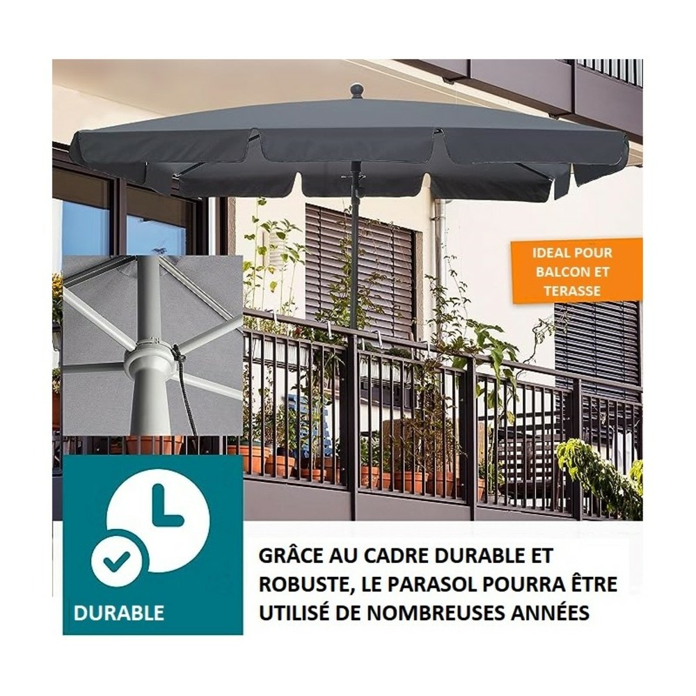 Parasol rectangulaire avec housse de protection réglable et inclinable 45° anthacite 125x200cm protection uv 50+