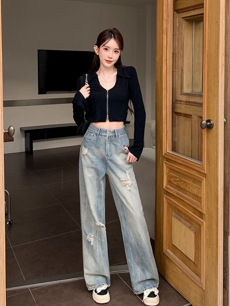 Wisjam - High Rise Ripped Washed Wide Leg Jeans
