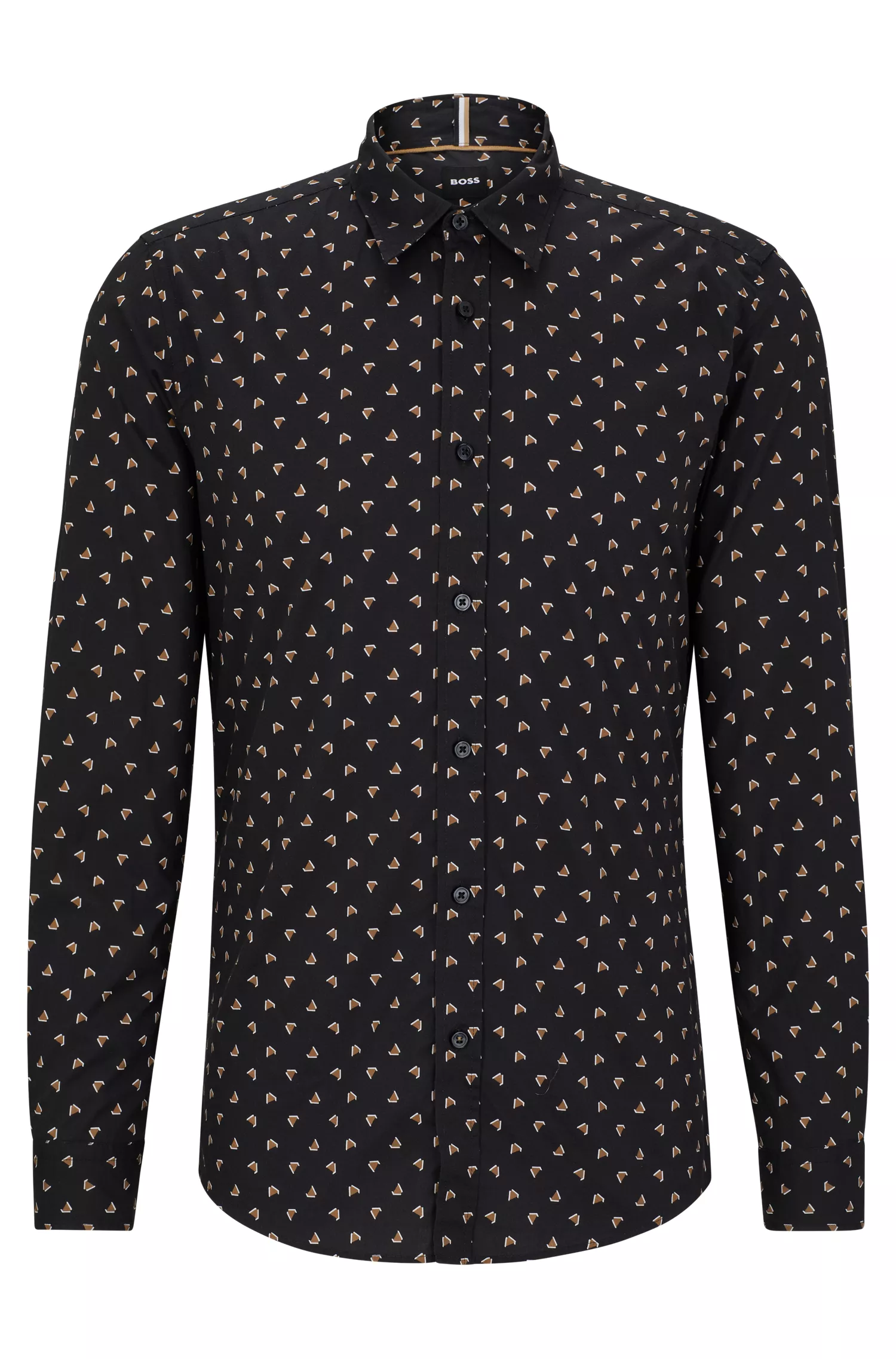 Camisa BOSS preta de corte slim em algodão elástico estampado.