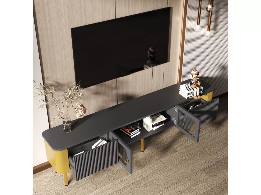 Meuble TV avec 2 portes et 2 tiroirs - 170 x 34 x 50 cm - Bois MDF - poignées et pieds dorés - Noir