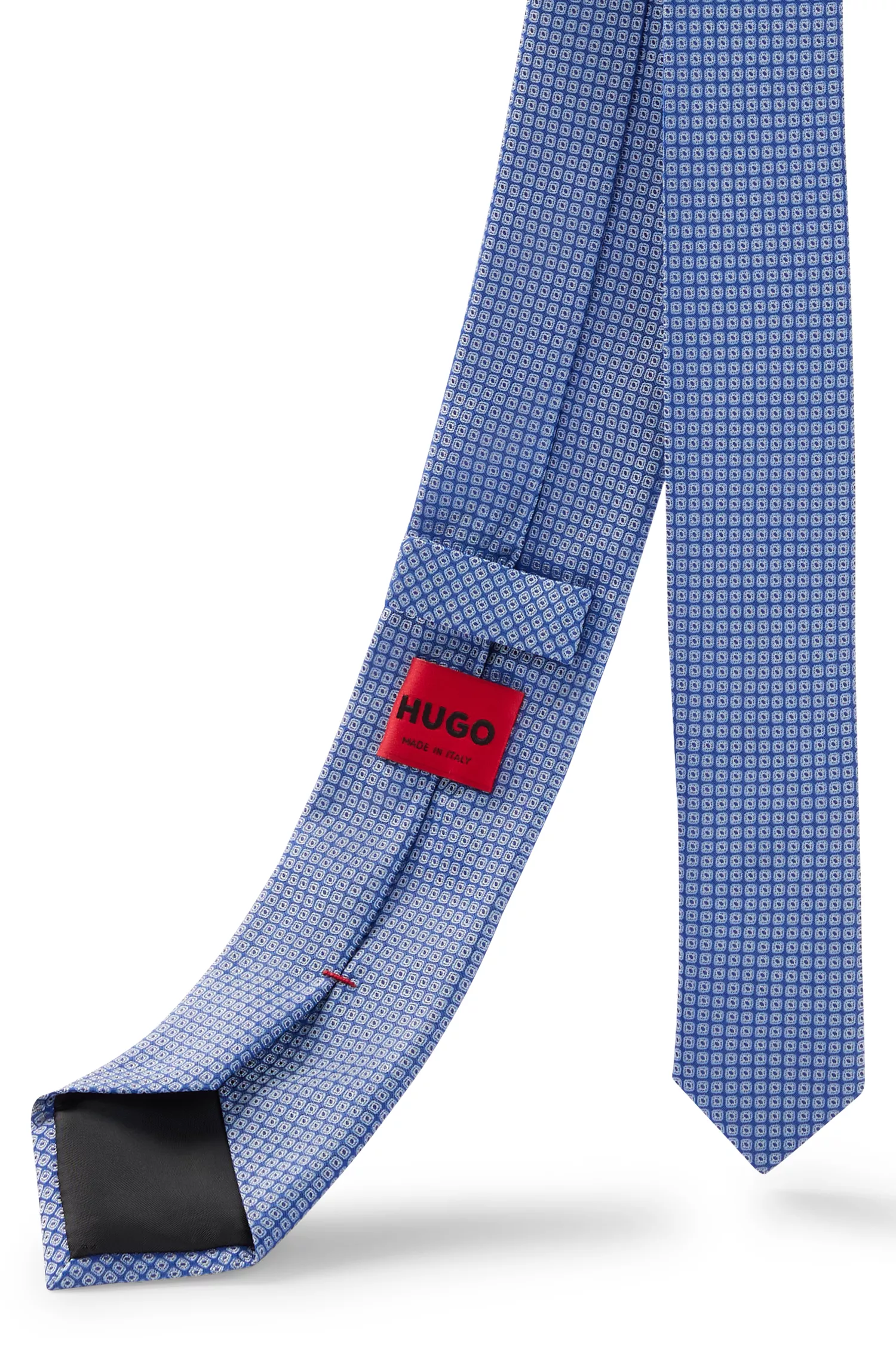 Gravata HUGO em jacquard de seda vermelha com estampa de bolinhas quadradas.