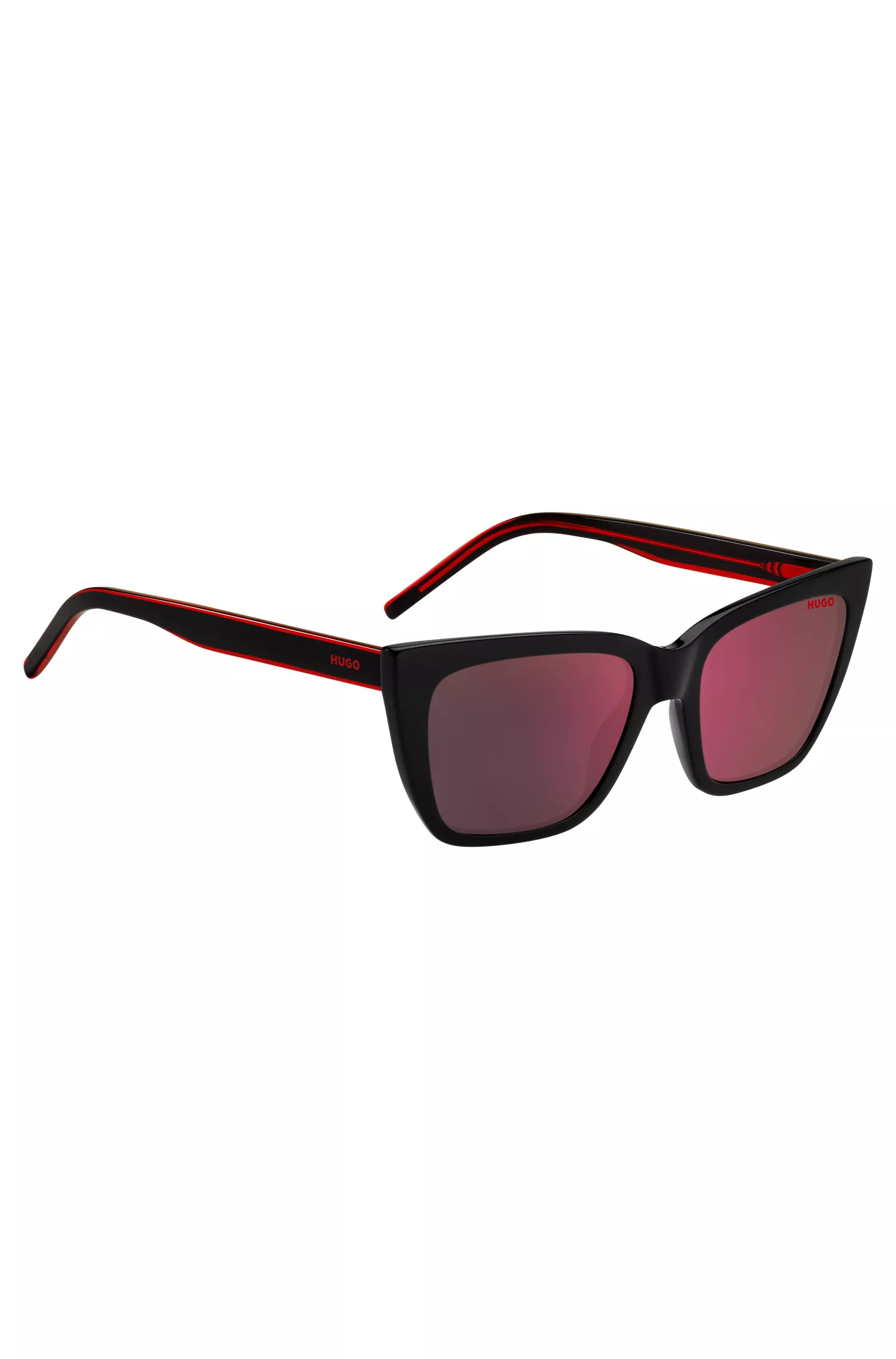 Óculos de sol HUGO Red-Two-tone em acetato vermelho e preto e carbono.