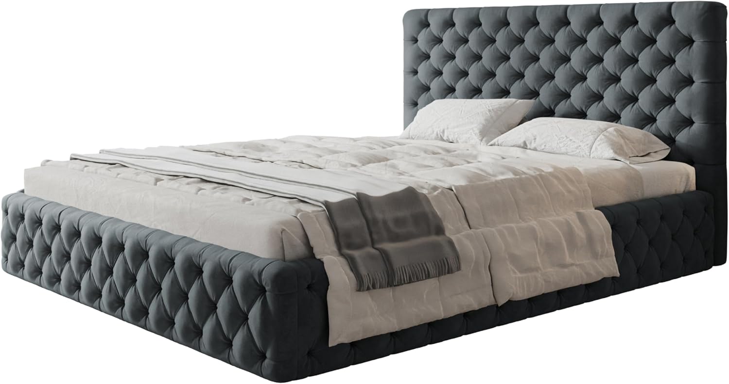Bett 120x200 - Polsterbett mit Bettkasten und Holzrahmen - Elegant Betten - Weicher Jasminstoff - Kollektion Miami, Dunkelgrau