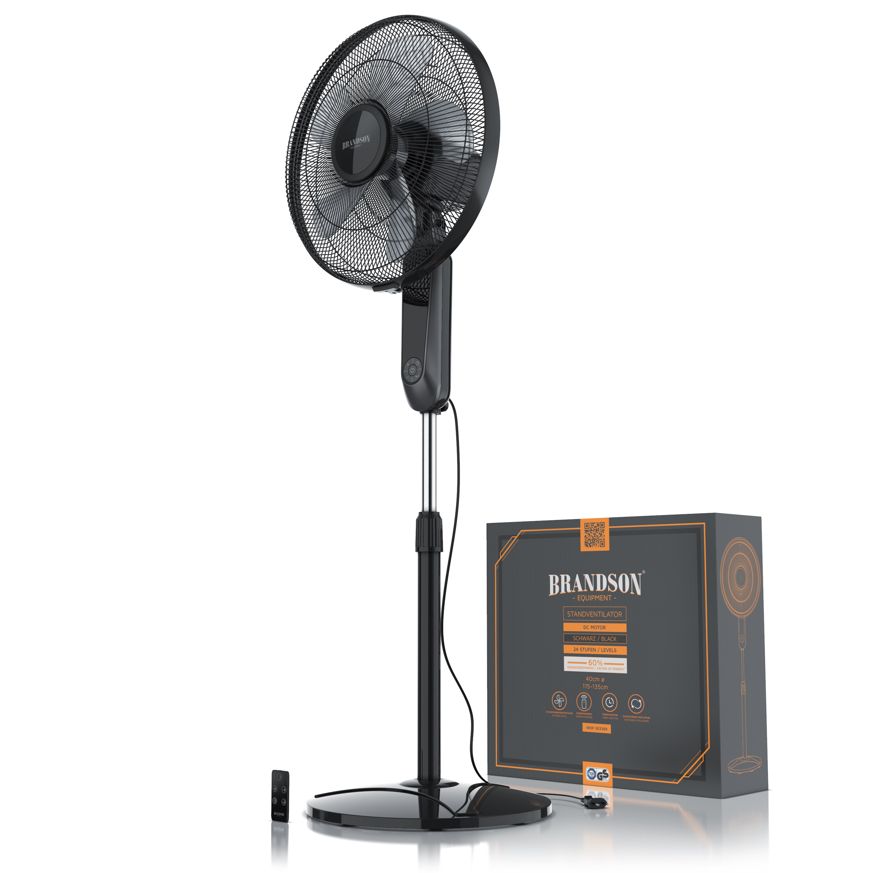 Brandson Standventilator 45,5cm Ø, DC, leise, Fernbedienung, energiesparend, Oszillation, 25 Stufen, schwarz