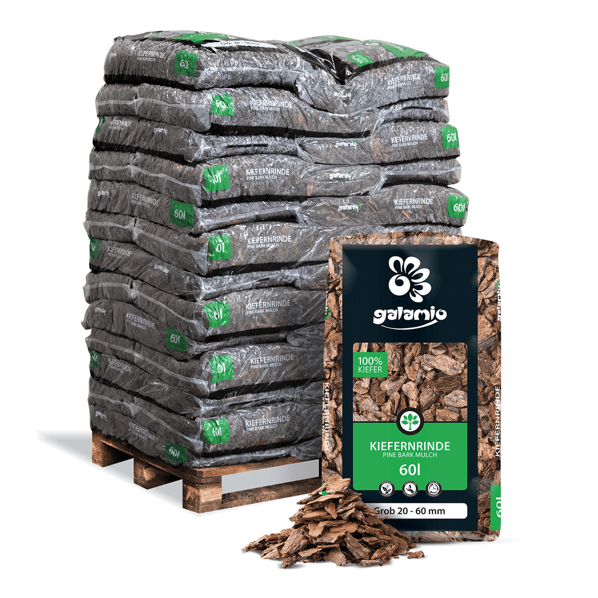 Galamio dennenschorsmulch, grof, 60l x 39 zakken, 2340l pallet