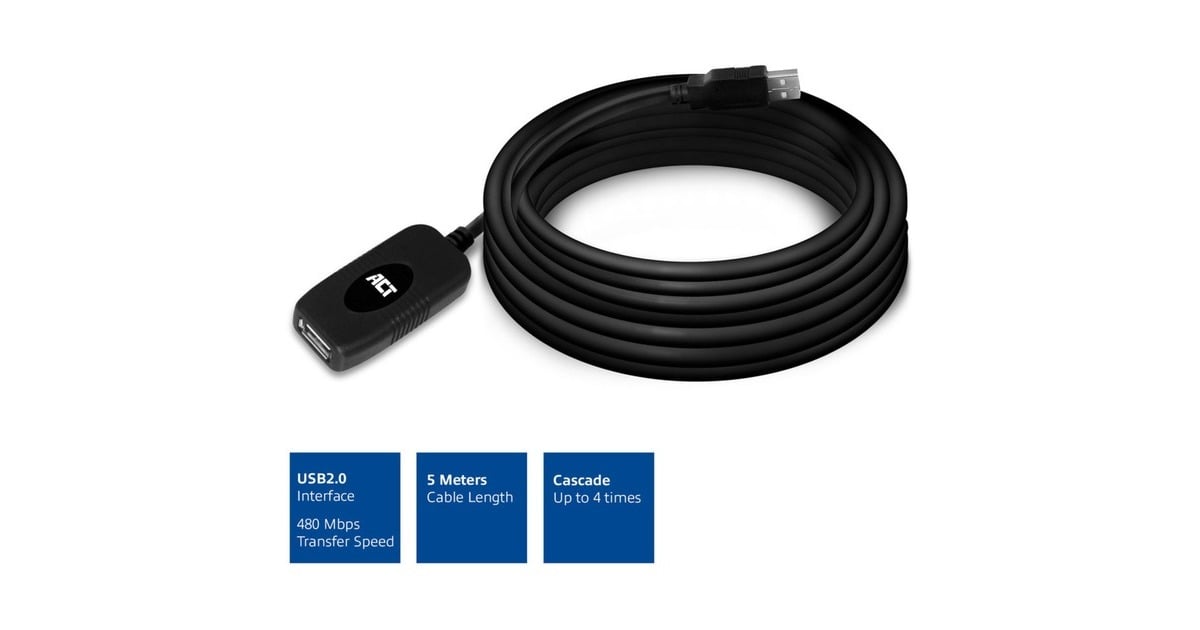 ACT ConnectivityUSB 2.0 Signaalversterker, 5 meter verlengkabel  (Zwart)