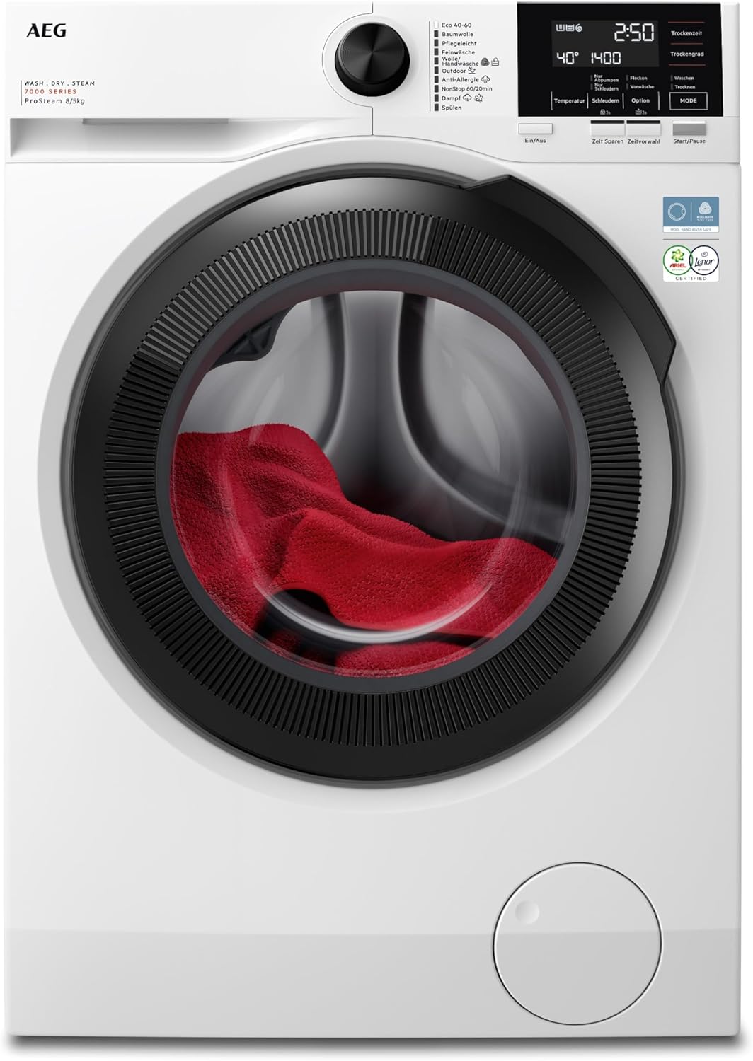 AEG Waschtrockner, 8 kg Waschen, 5 kg Trocknen, Serie 7000 ProSteam - Dampf-Programm–Weniger Bügeln & mehr Frische, EEKLD/A, NonStop 1kg-in-1h, Mengenautomatik, Inverter Motor, 1400 U/min, LWR7AMZ48WD