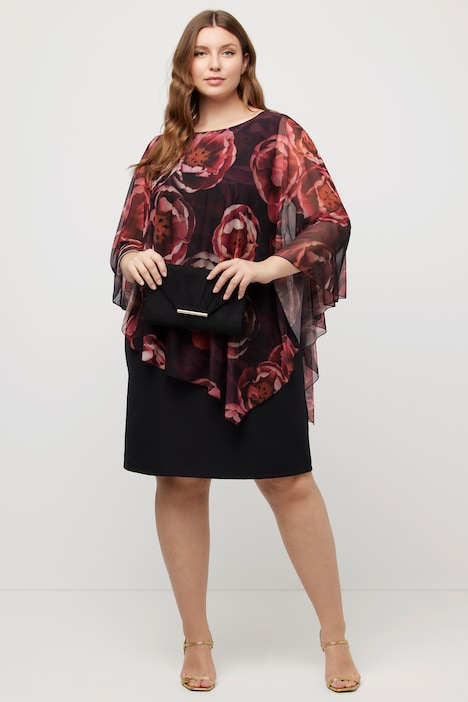 Kleid, doppellagig, Blüten, Rundhals, 3/4-Arm