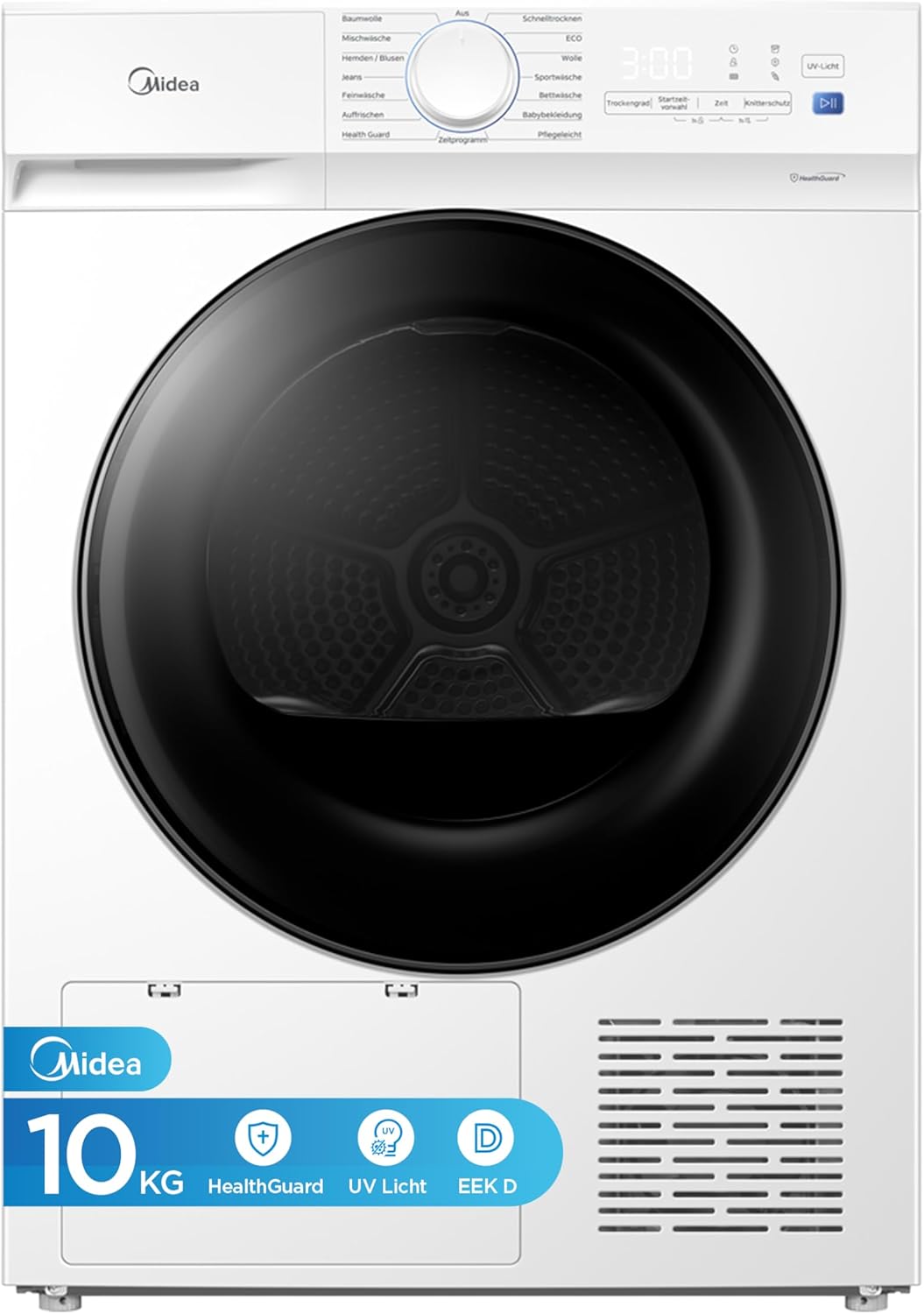 Midea Wärmepumpentrockner V3 series, 10 kg, Energieklasse D mit Wärmepumpentechnologie, UV-Licht für hygienische Reinheit, Knitterschutz, LED-Display, Startzeitvorwahl,Schnelltrocknen,MDV3EH100D,Weiß
