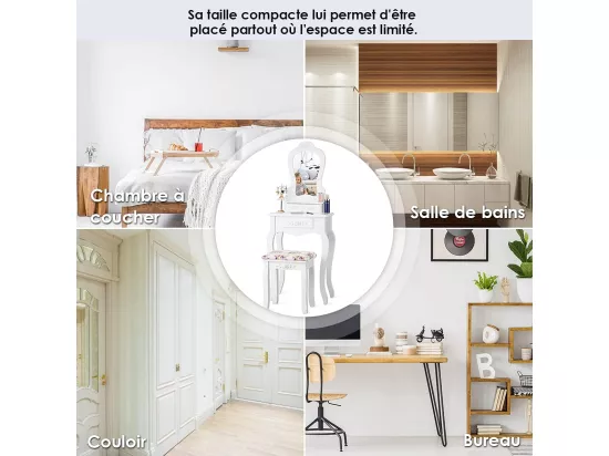 Coiffeuse avec Tabouret Table de Maquillage avec 3 Tiroirs et Dessus Amovible Blanc