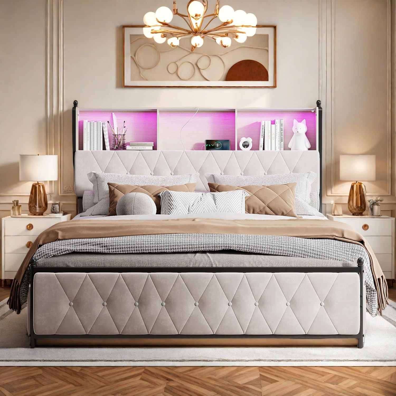 Bett mit Schublade, 180 x 200 cm, Doppelbett, gepolstert, mit 4 Schubladen, Bett, Truhe mit LED und USB-Aufladung, Bettgestell mit Kopfteil für Erwachsene Jugendliche, Samt, Beige