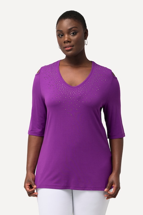 T-Shirt, Ziersteine, A-Linie, V-Ausschnitt, Halbarm