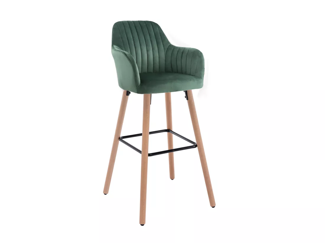 Lot de 2 tabourets de bar en velours et pieds bois de hêtre - Vert foncé - ELEANA