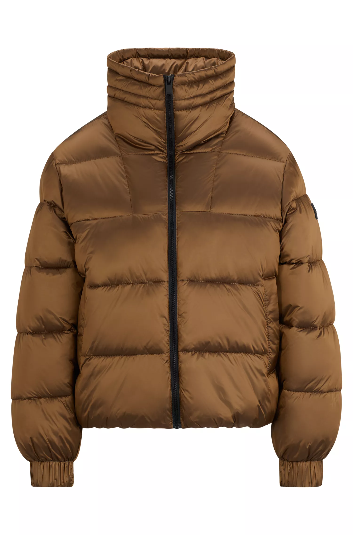 Jaqueta puffer BOSS laranja, corte regular, em tecido brilhante.