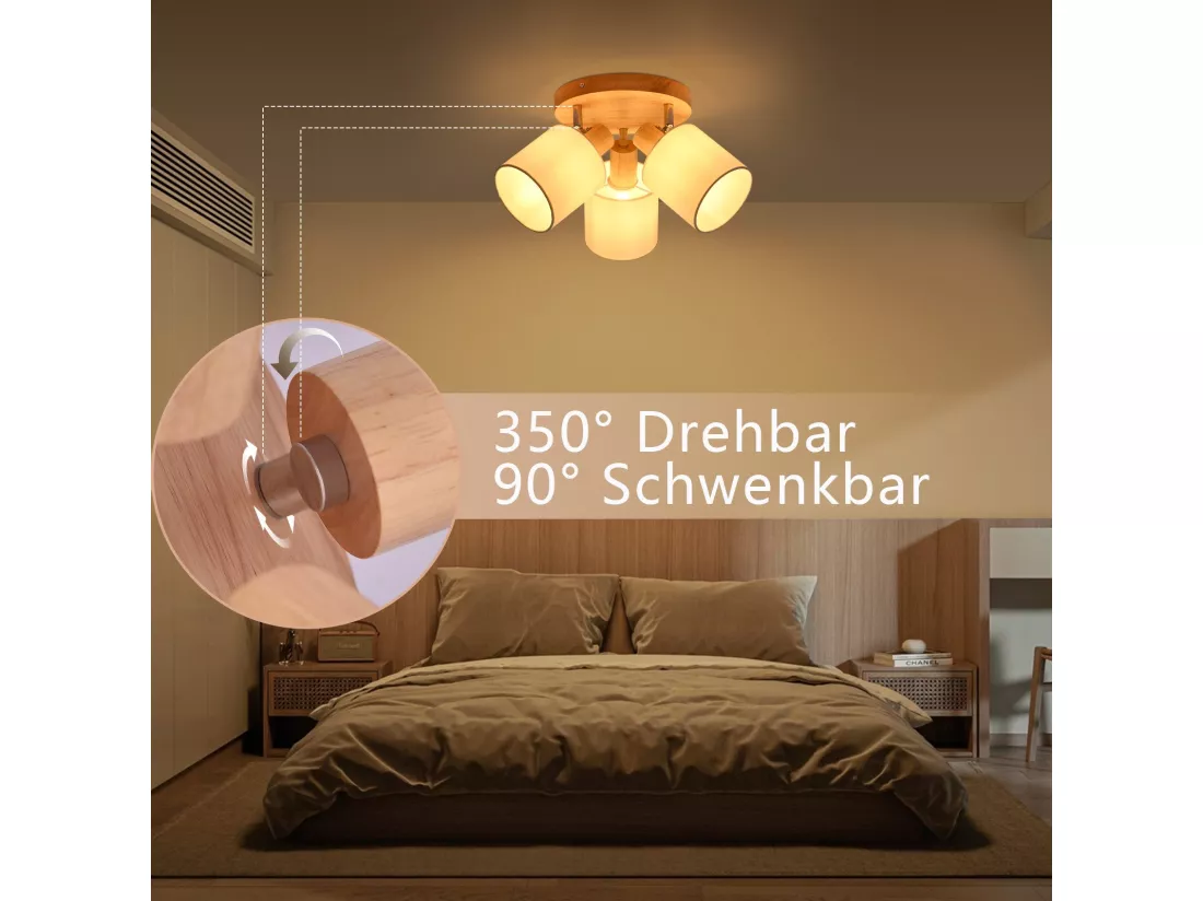 NETTLIFE Spot de plafond 3 Ampoules rond bois Plafonnier LED E14 spot inclinable 350°