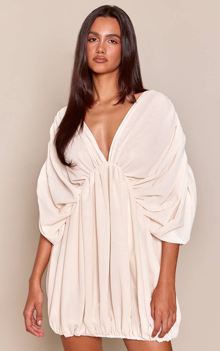 Crème Robe Mini Fluide En Mousseline À Manches Ballon Froncées
