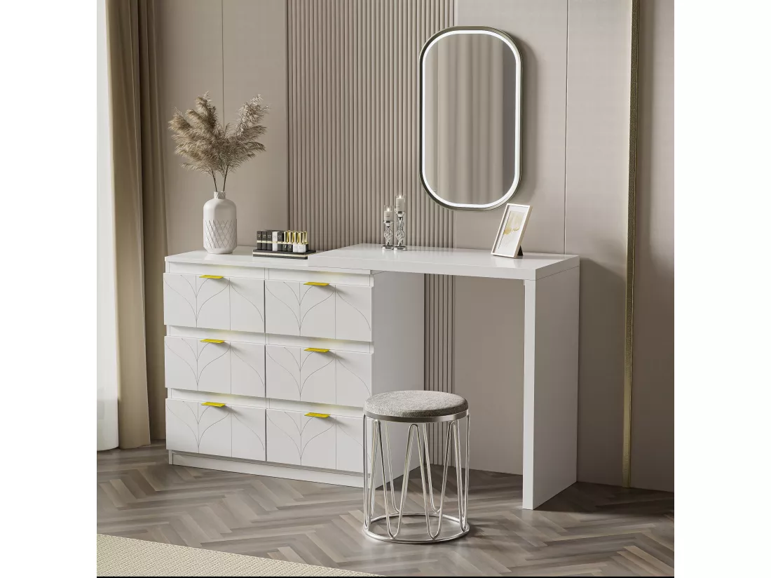Coiffeuse avec table d'appoint - 6 Tiroirs et plateau pivotant 180° - Bois MDF - Blanc