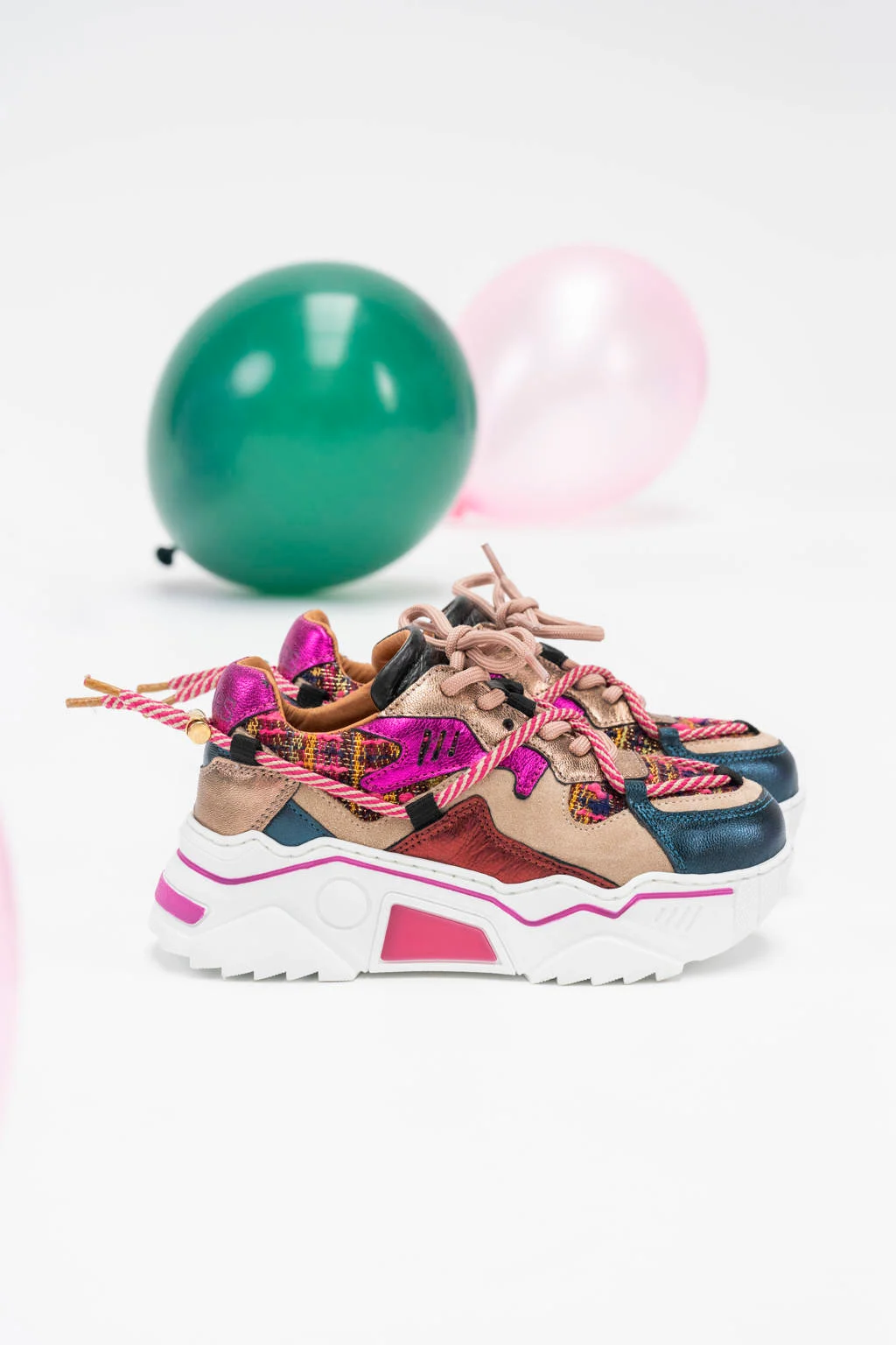 DWRS Jupiter tweed chunky leren sneakers beige/fuchsia