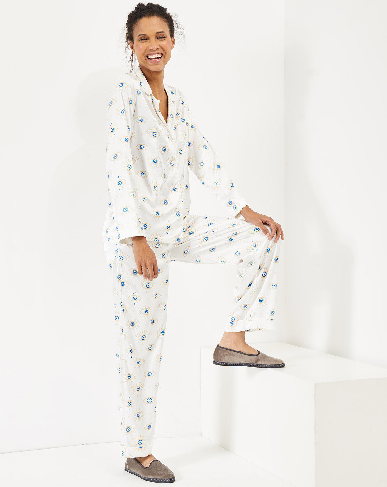 Quartier Latin Pyjama satiné Eye blanc/bleu/doré