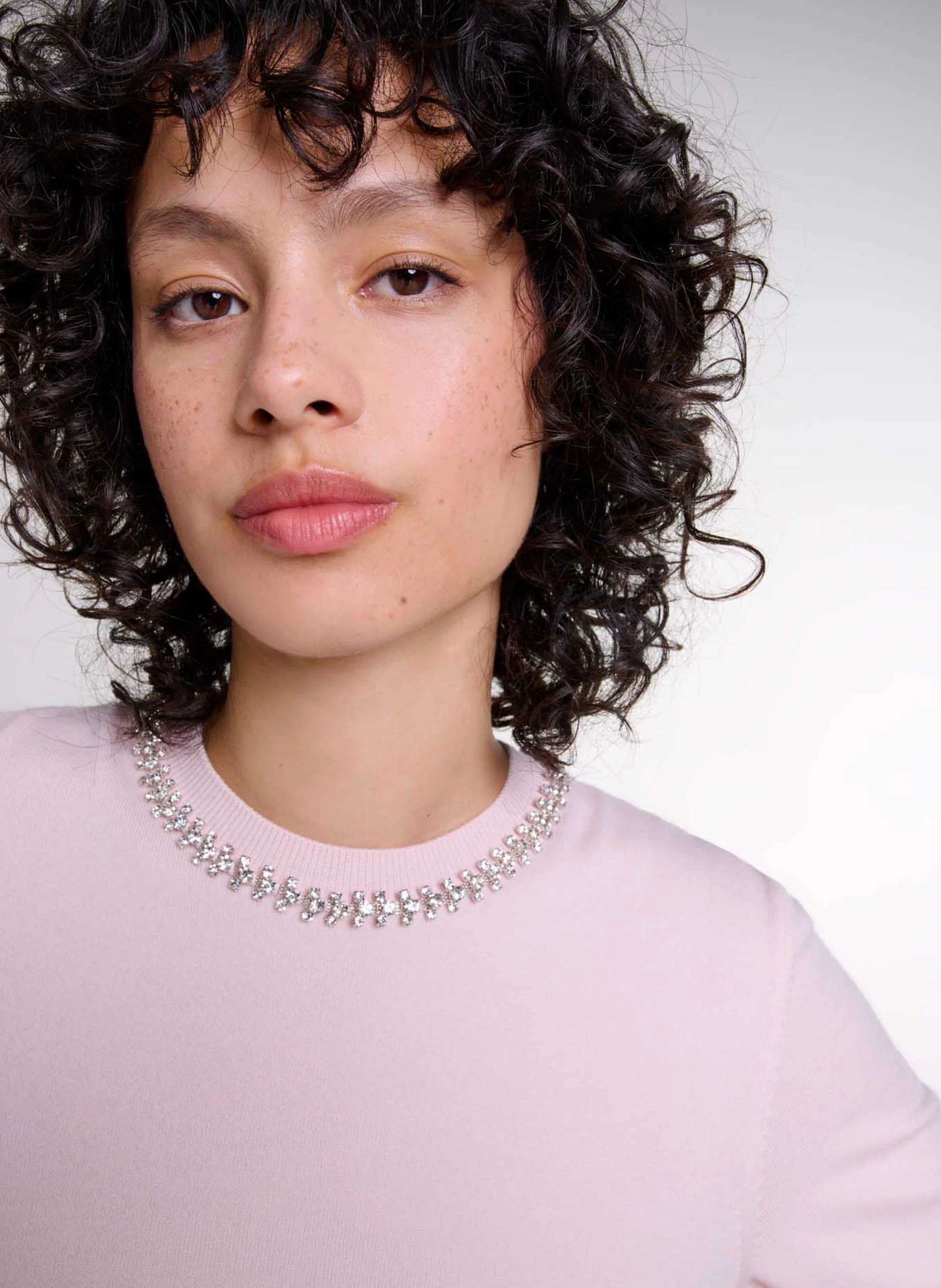 Top droit col rond à strass en laine mélangée | Rose