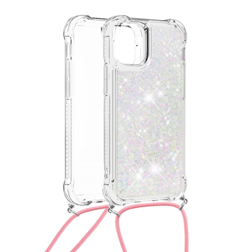 iPhone 13 Necklace Gummi Hülle Liquid Glitzer   Handykette (130cm) - Rosa / Silber