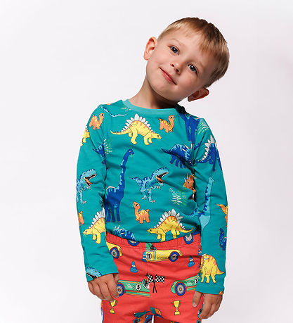Småfolk Bluse - Teal m. Dinosaurier