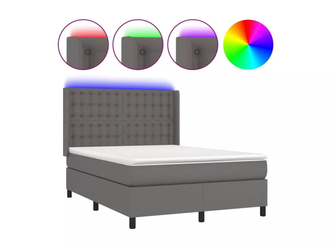 Sommier tapissier avec matelas et LED Gris 140x190cm Similicuir